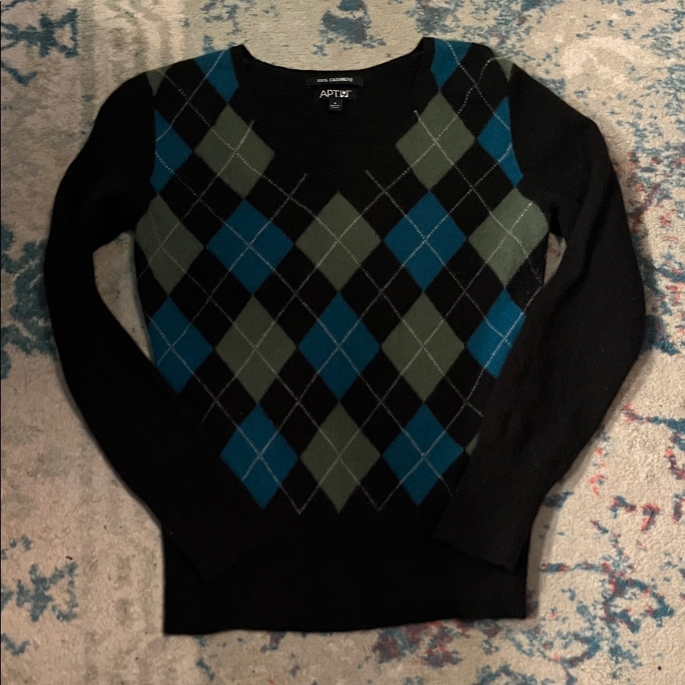 Apt. 9 Black/green/blue Argyle v-neck Sweater size S-XS